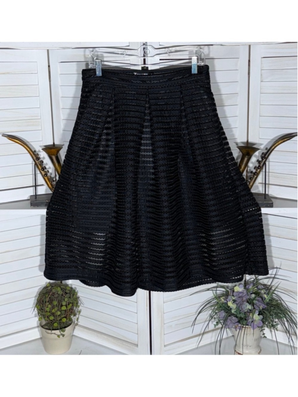 Black skirt full swing midi mesh whimsigoth festival cocktail wedding guest sz 6